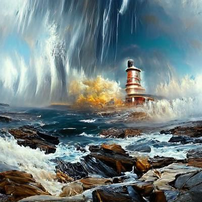 Hyperrealistic Lighthouse in Stormy Ocean Landscape