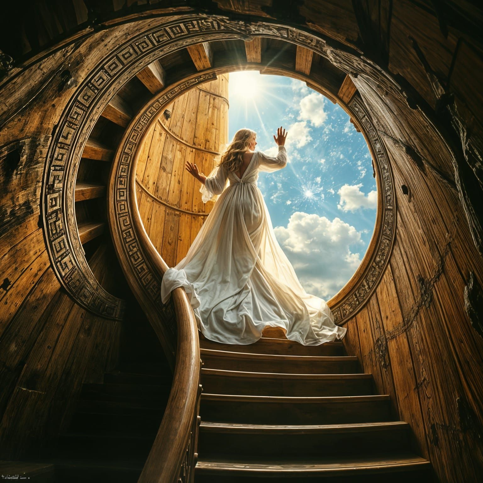 Ornate Wooden Stairway to Heaven with Golden-Haired Guide