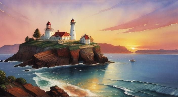 Lighthouse at Sunrise in Watercolor Style