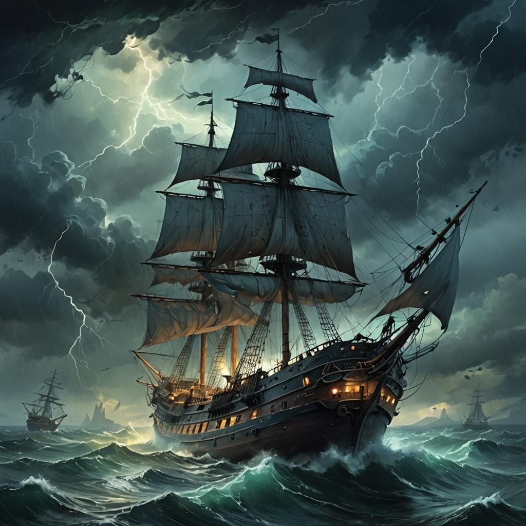 Ethereal Ghost Ship Soaring Through Stormy Skies