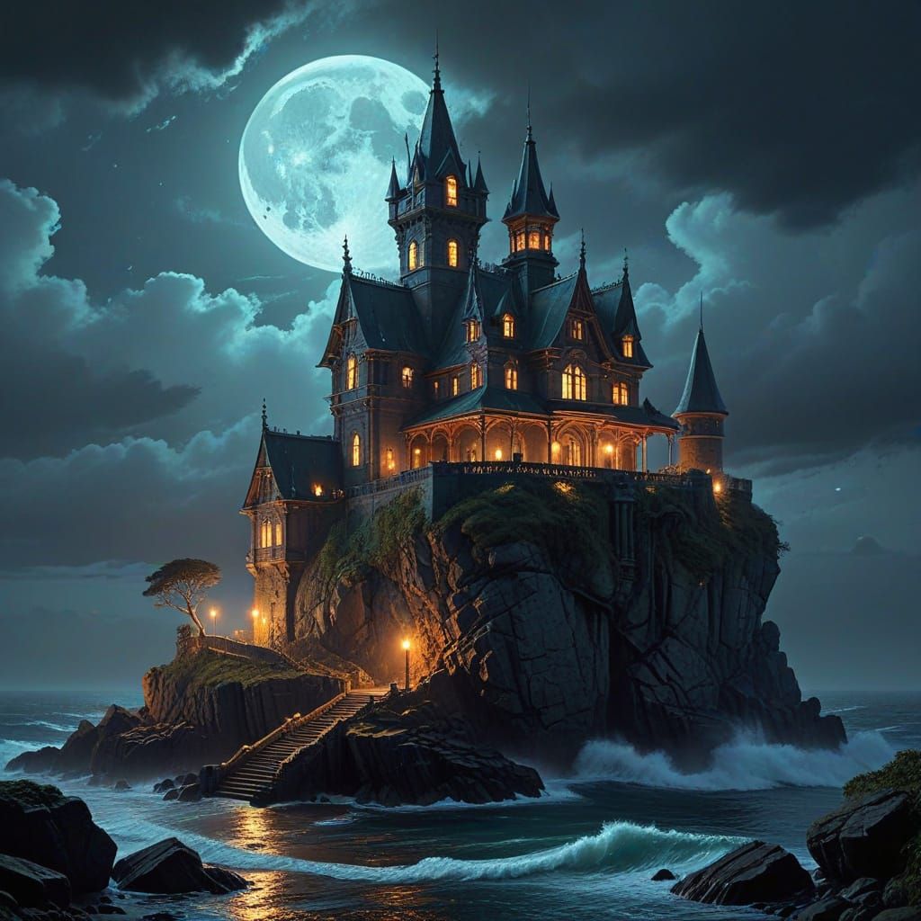 Gothic Revival Mansion Under Midnight Sky