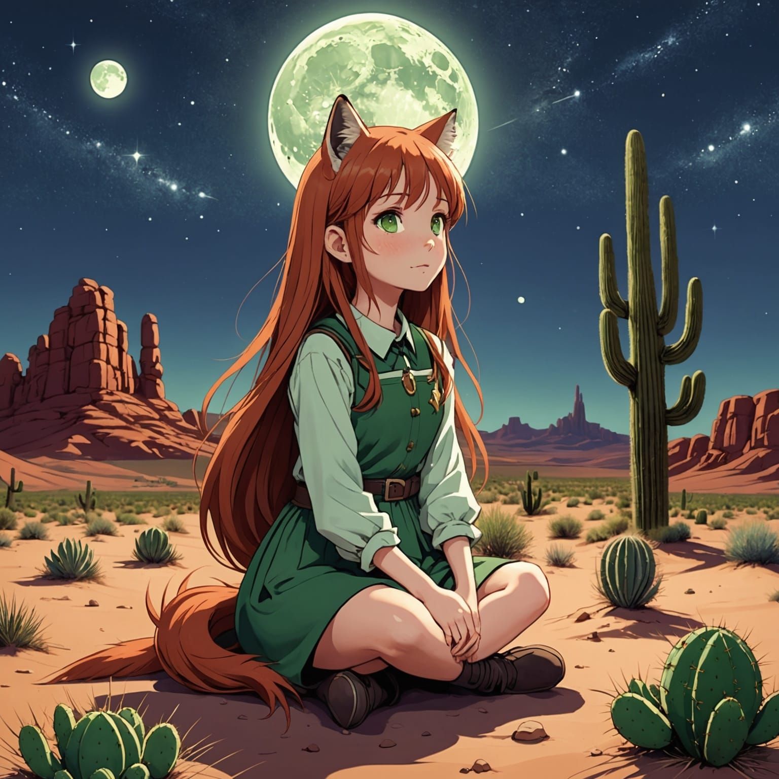 Anime Sandcat Girl Gazing at Moonlit Desert Sky