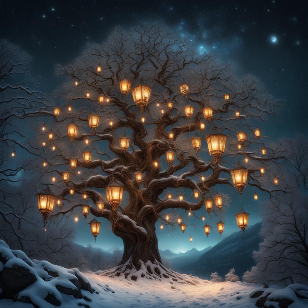 Glowing Lantern Christmas Tree in Starry Sky