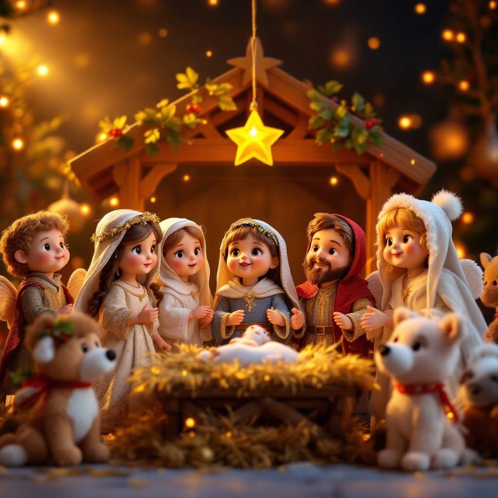 Cute CGI Cartoon Christmas Pageant Scene in Hyper-Realistic....