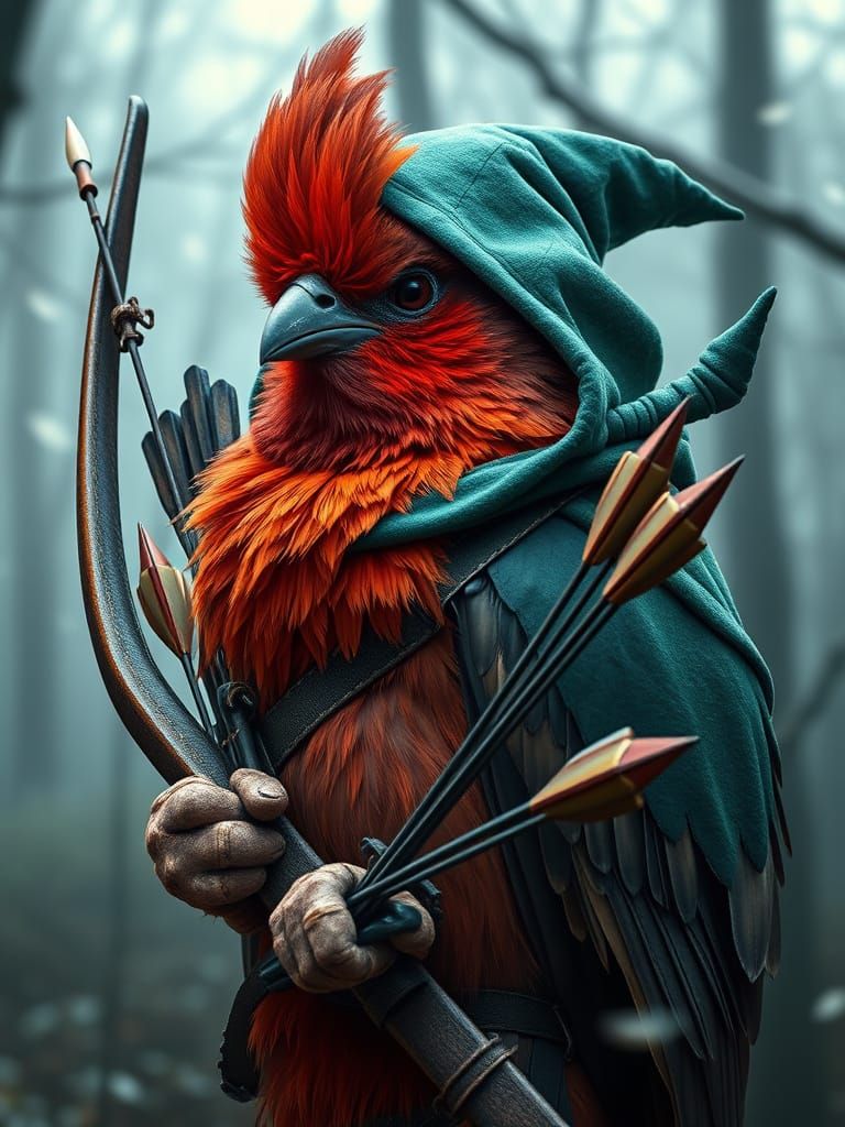 Hyperrealistic Red Bird as Robin Hood with Bow