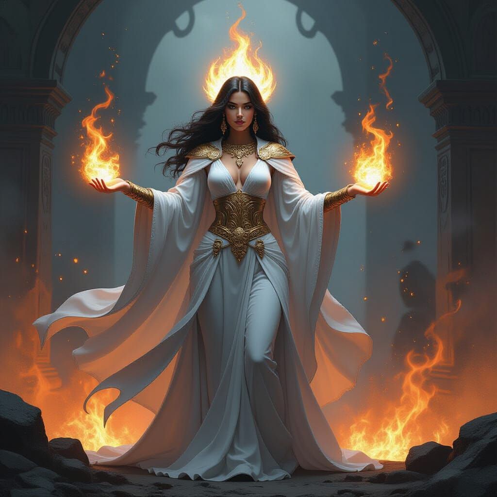 Priestess Incinerates Demons with Golden Fire in Dark Realm