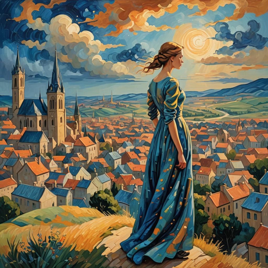 Girl Gazes at Mystical City as Oil Painting