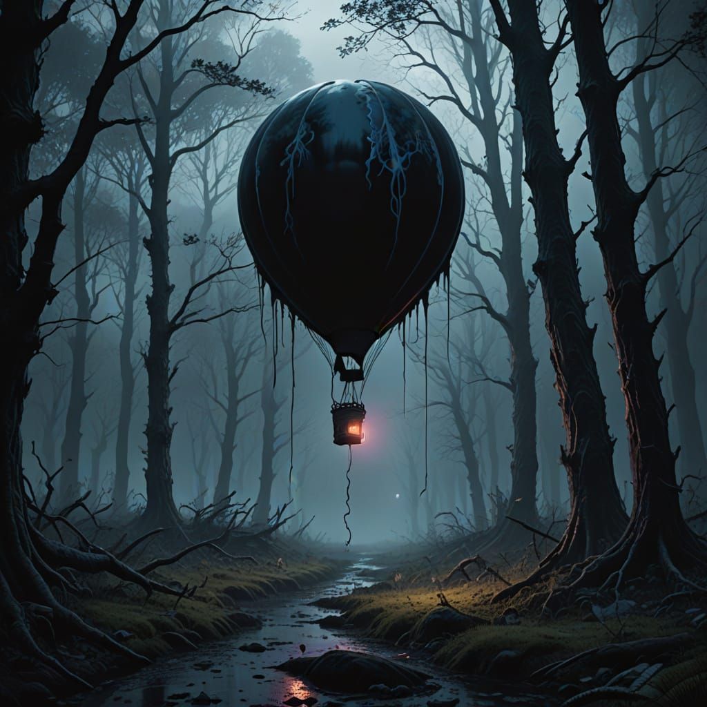Tattered Balloon Drifting in Haunted Forest: Gothic Fantasy