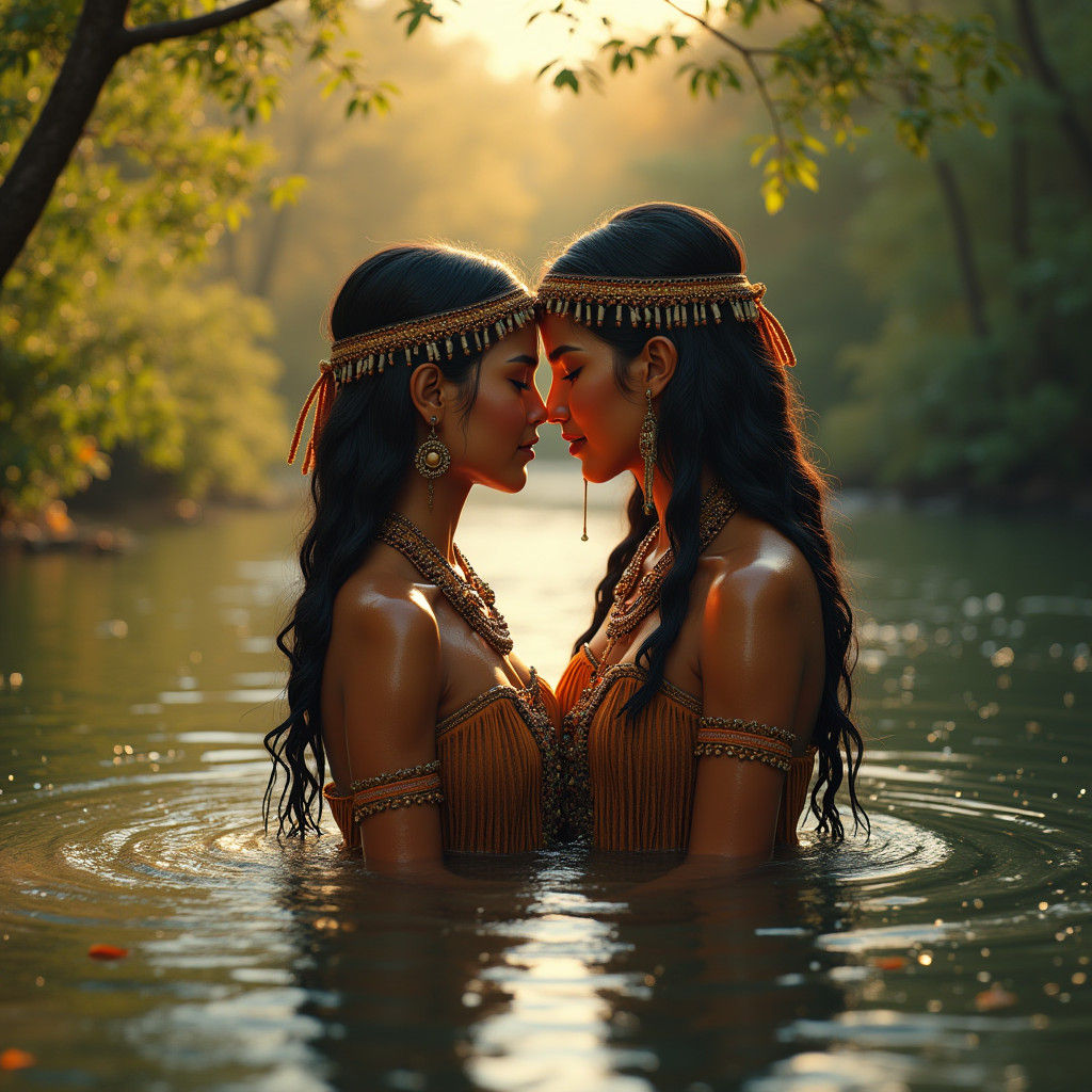 Native American Mother and Daughter Bathing: Realistic Fanta...