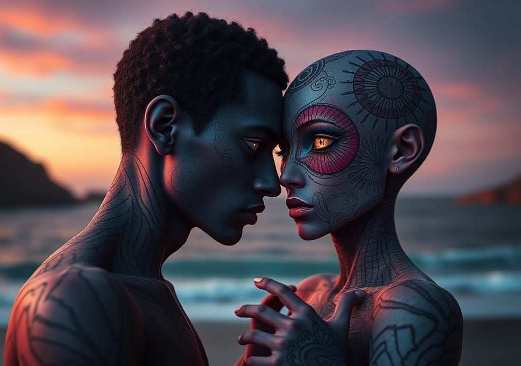 Surreal Androgynes Dancing in Manga Style Seascape