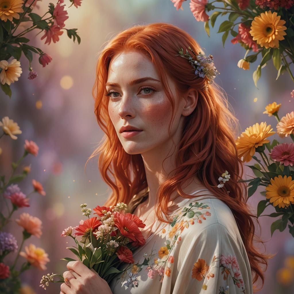 Red-Haired Woman Holding Flowers: Hyperrealistic Concept Art