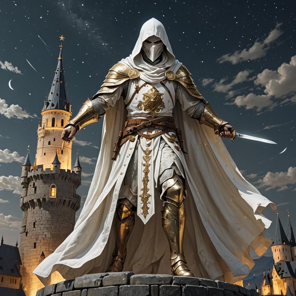 Majestic Holy Warrior Emerges Under Starlight