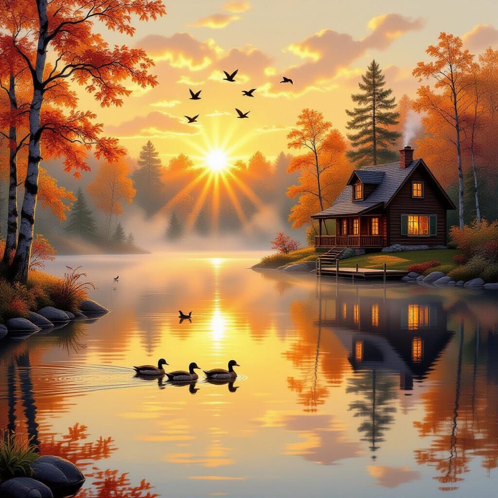 Autumn Sunrise Over Tranquil Lake: Nostalgic Landscape