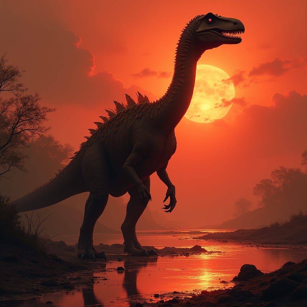 Dinosaur Silhouetted Against Prehistoric Sunset