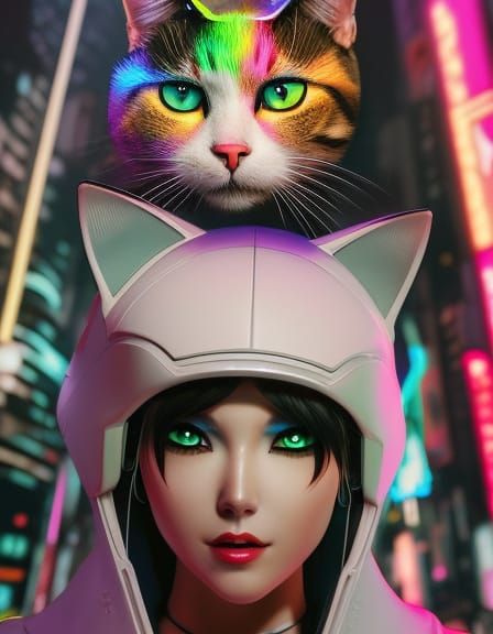 Cat Girl in Cyberpunk City, Digital Art