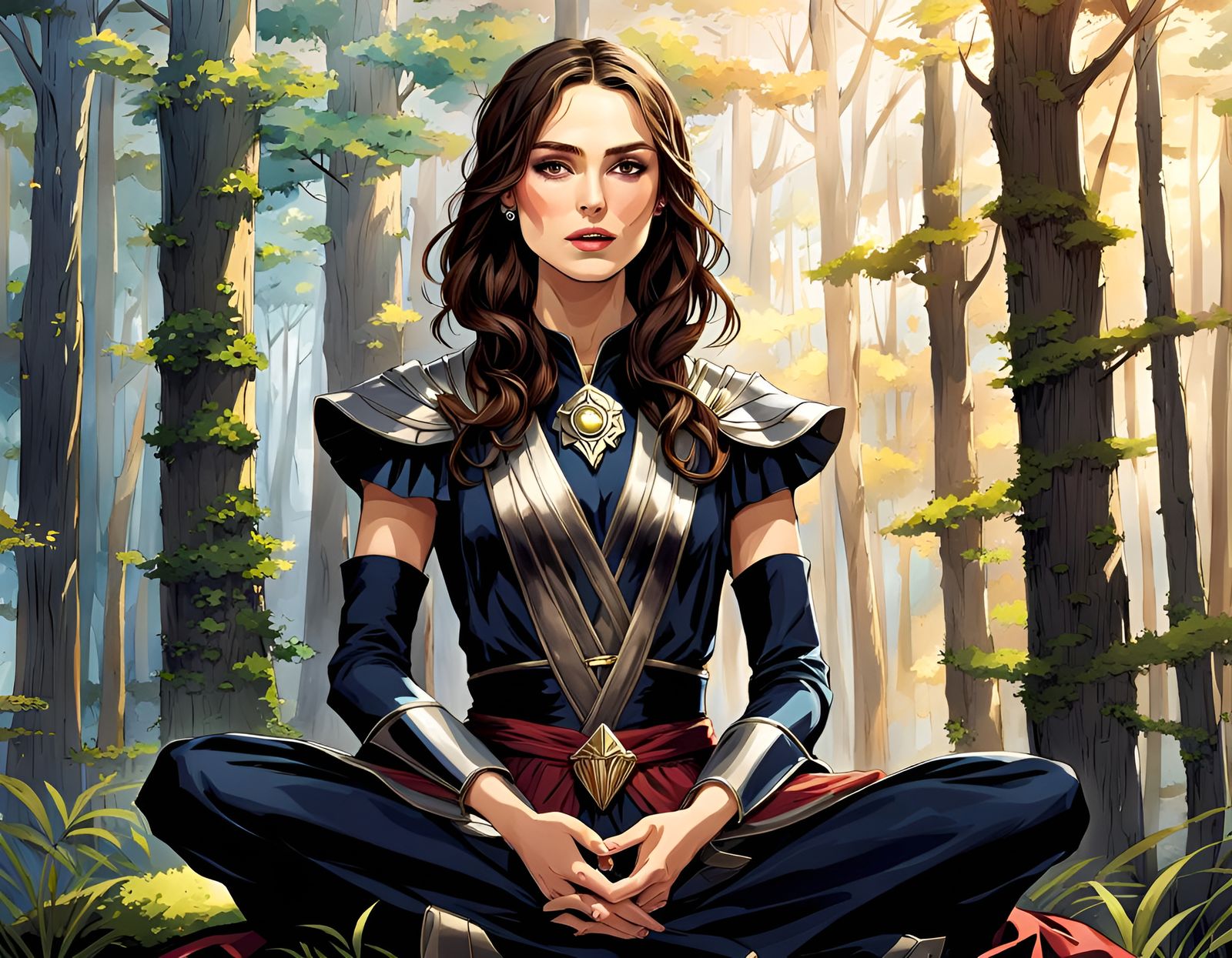 Anime Portrait: Meditative Woman in Sunny Forest