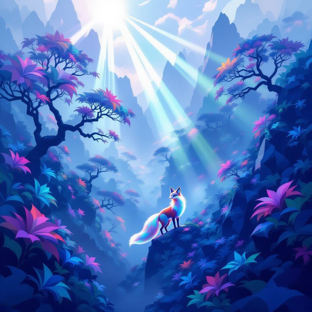 Nine-Tailed Fox in Geometric Fractal Forest