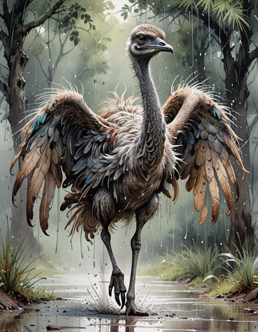 Majestic Ostrich Runs Through Pouring Rain in Dreamy Waterco...