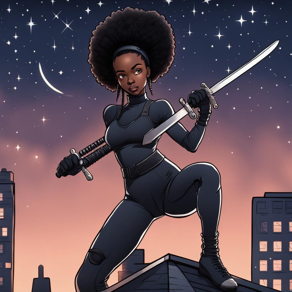 Beautiful girl age 20 with tight bodysuit with black gloves,ninja style afrosamurai.