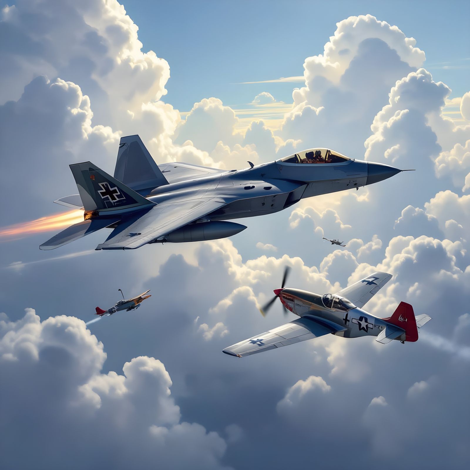 F-22 with Iron Crosses Dogfighting P-51 Mustang