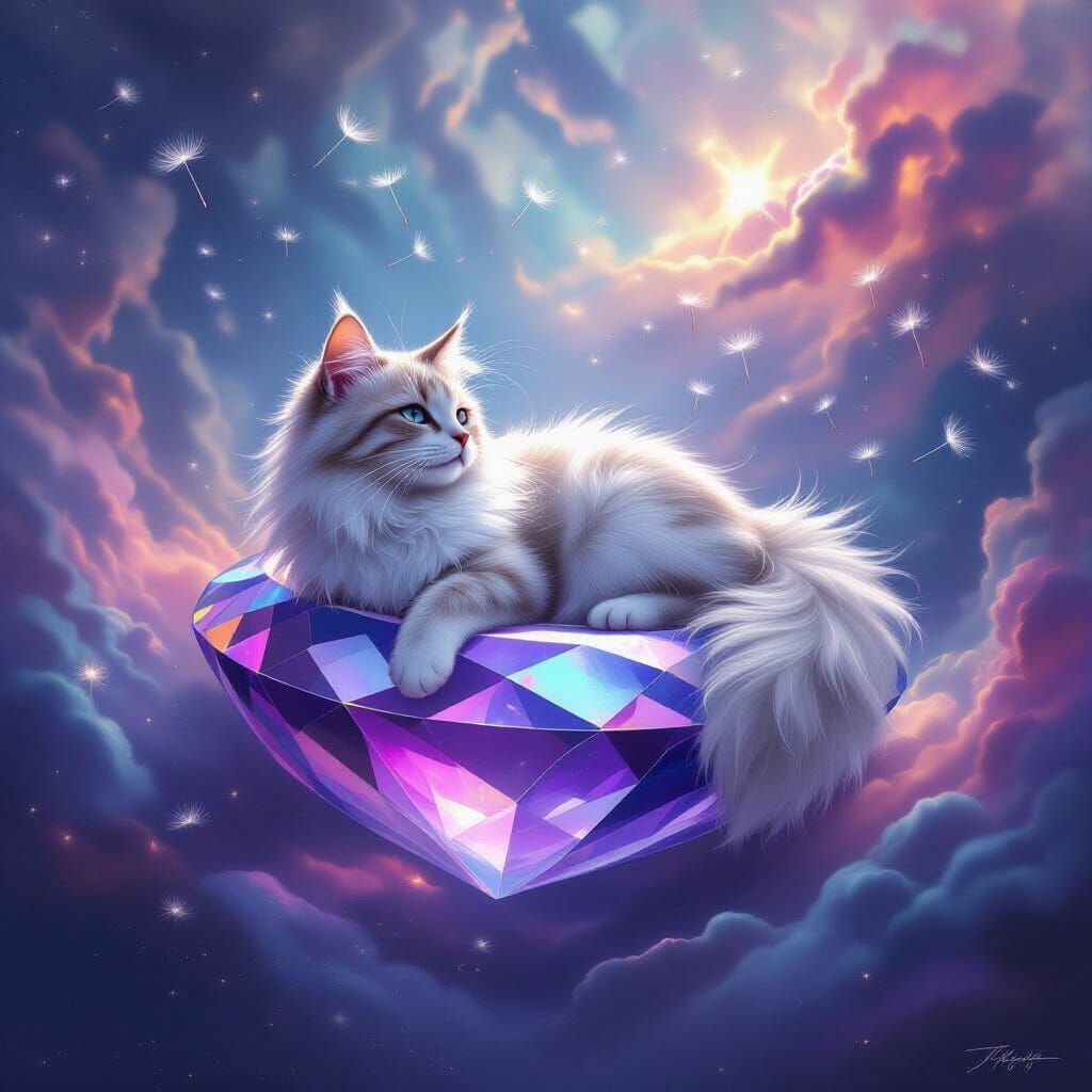 Moonlight Cat on Amethyst Ring in Nebula