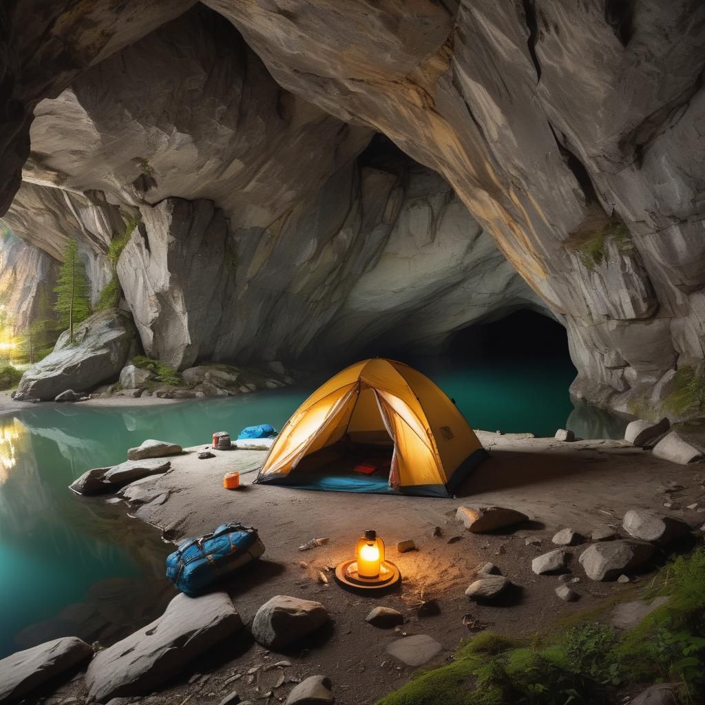 Cave Campsite Overlooking Calm Lake at Dawn