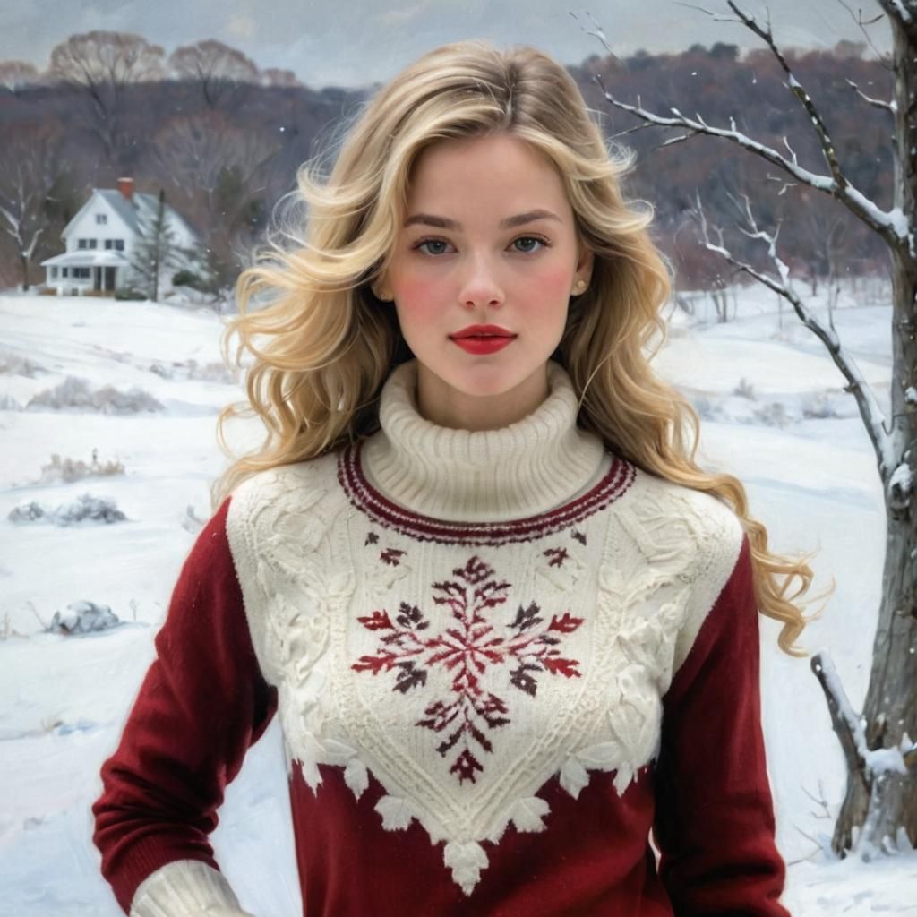 Impressionist Woman in Snowy Connecticut Landscape