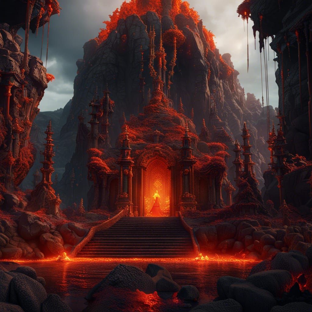 Lava Temple with Gold Waterfalls: Fantasy Concept Art