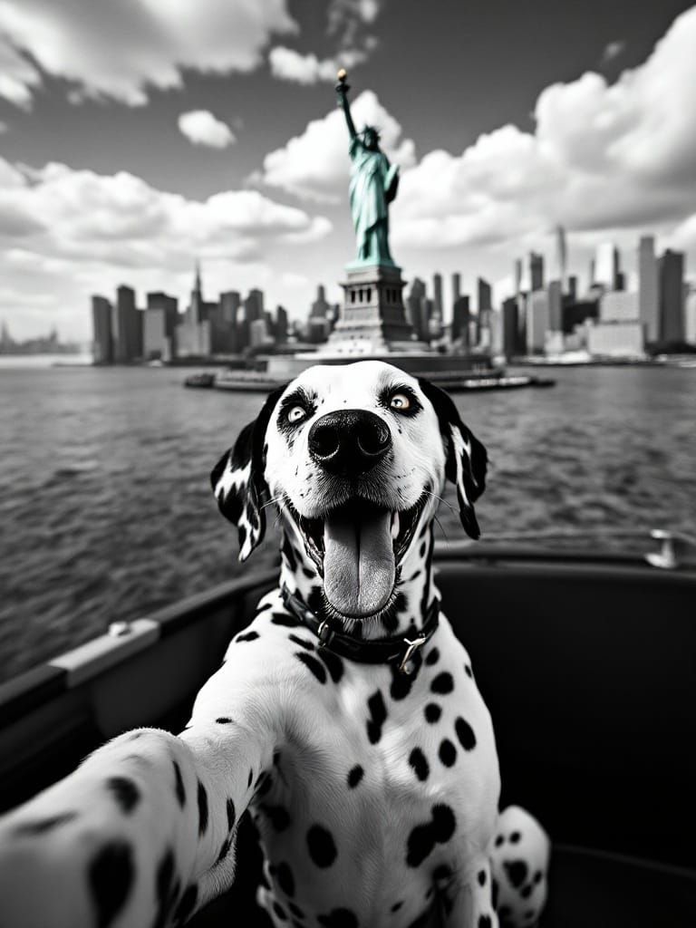 Dalmatian's Joyful Selfie in NYC Harbor