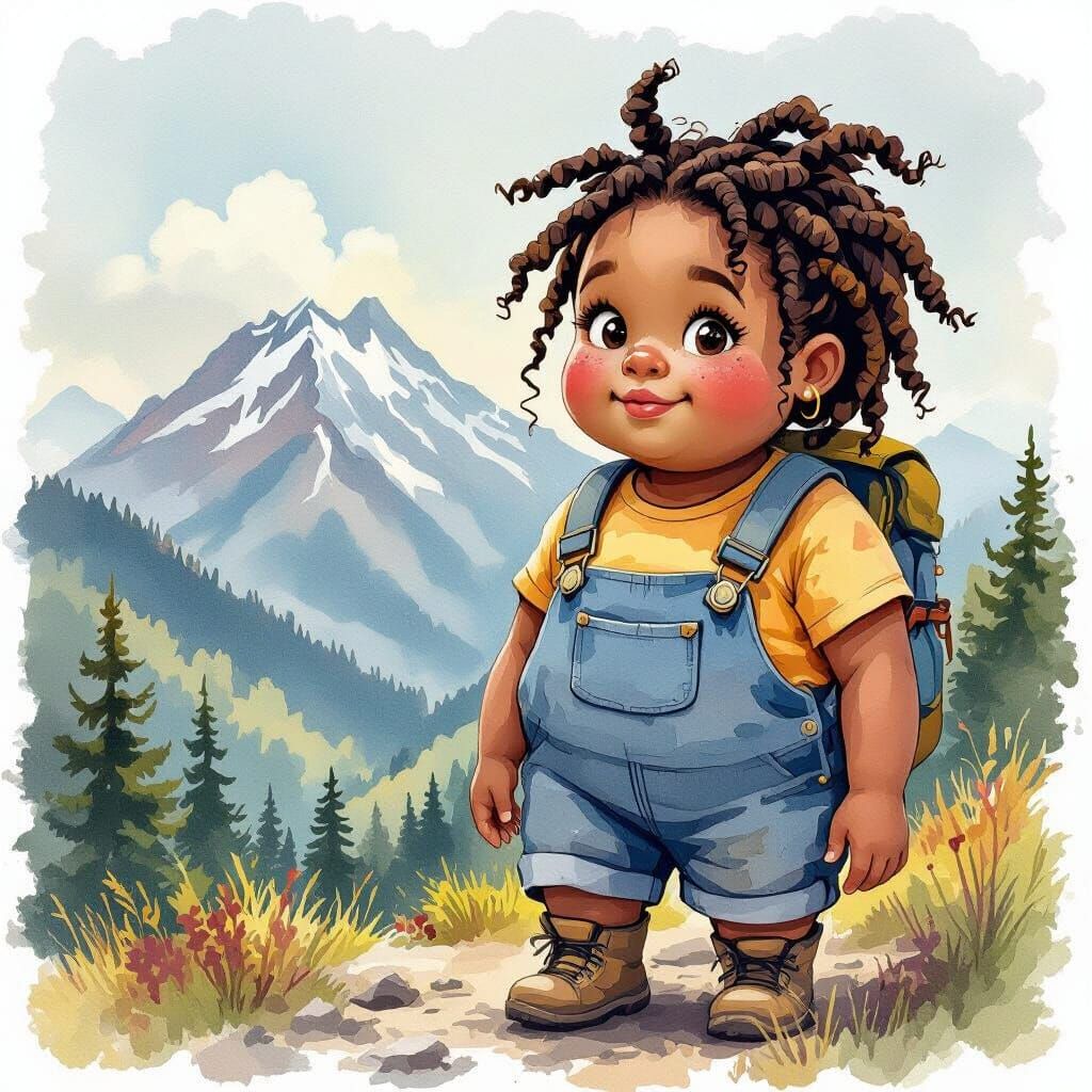 Girl Hiking Mountain, Expressive Watercolor Illustration