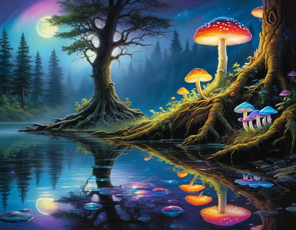 Iridescent Mushrooms Reflect Moonlight: Fantasy Art