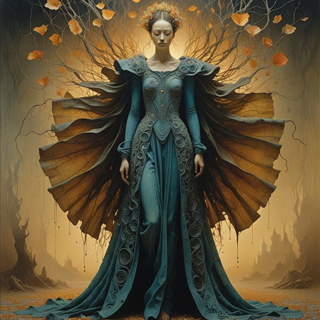 Surrealist Dancer in a Gown of Pencil Shells Embarks on a Dr...