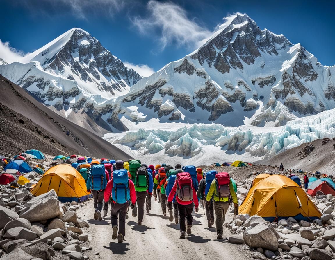 A group of determined hikers set off from Everest Base Camp ...