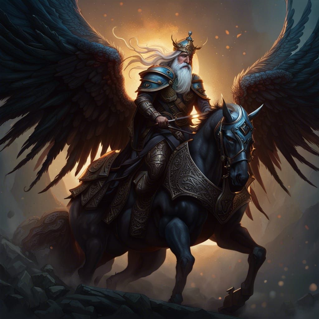 Odin Rides Winged Horse: Dark Fantasy Art