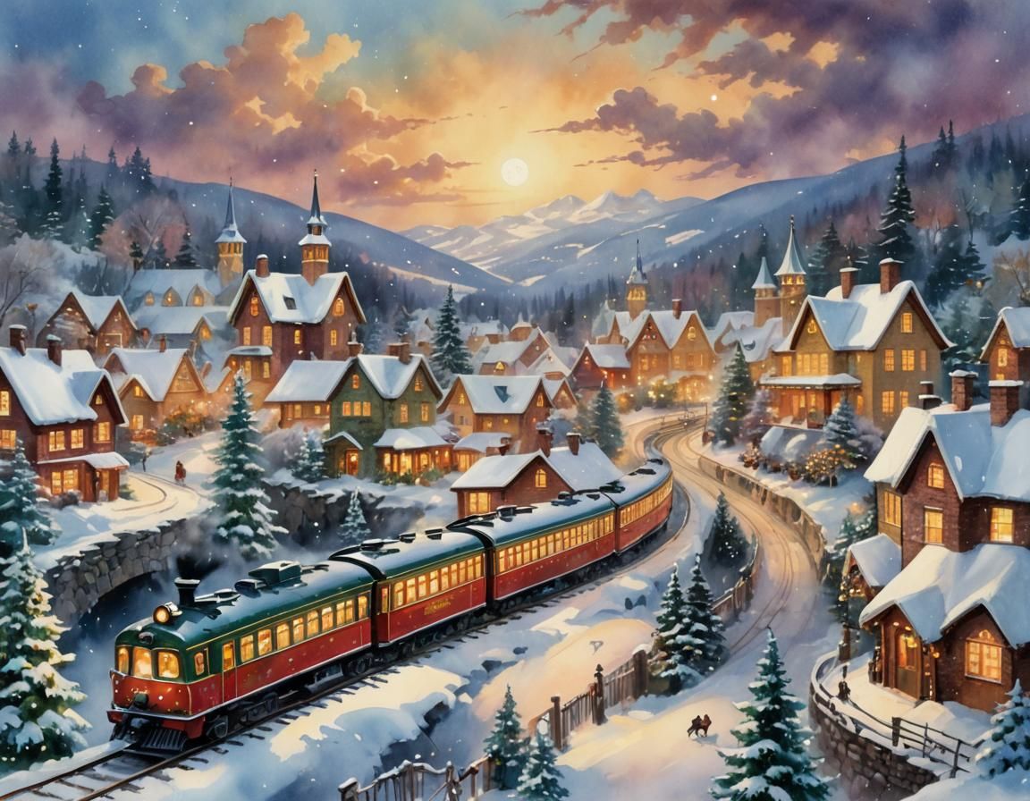 Christmas Train Passes Snowy Village in Watercolor Style