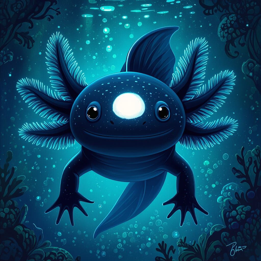 Bioluminescent Axolotl With White Nose Spot in Fantasy Style