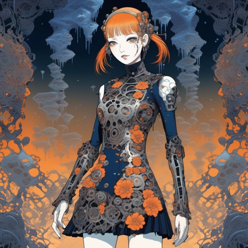 Cyberpunk Goddess Frozen in Lagoon of Flowers