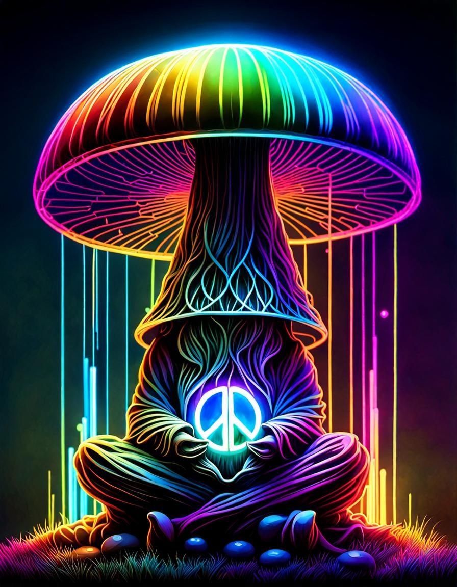 Glowing Neon Wireframe Peace and Love Symbol