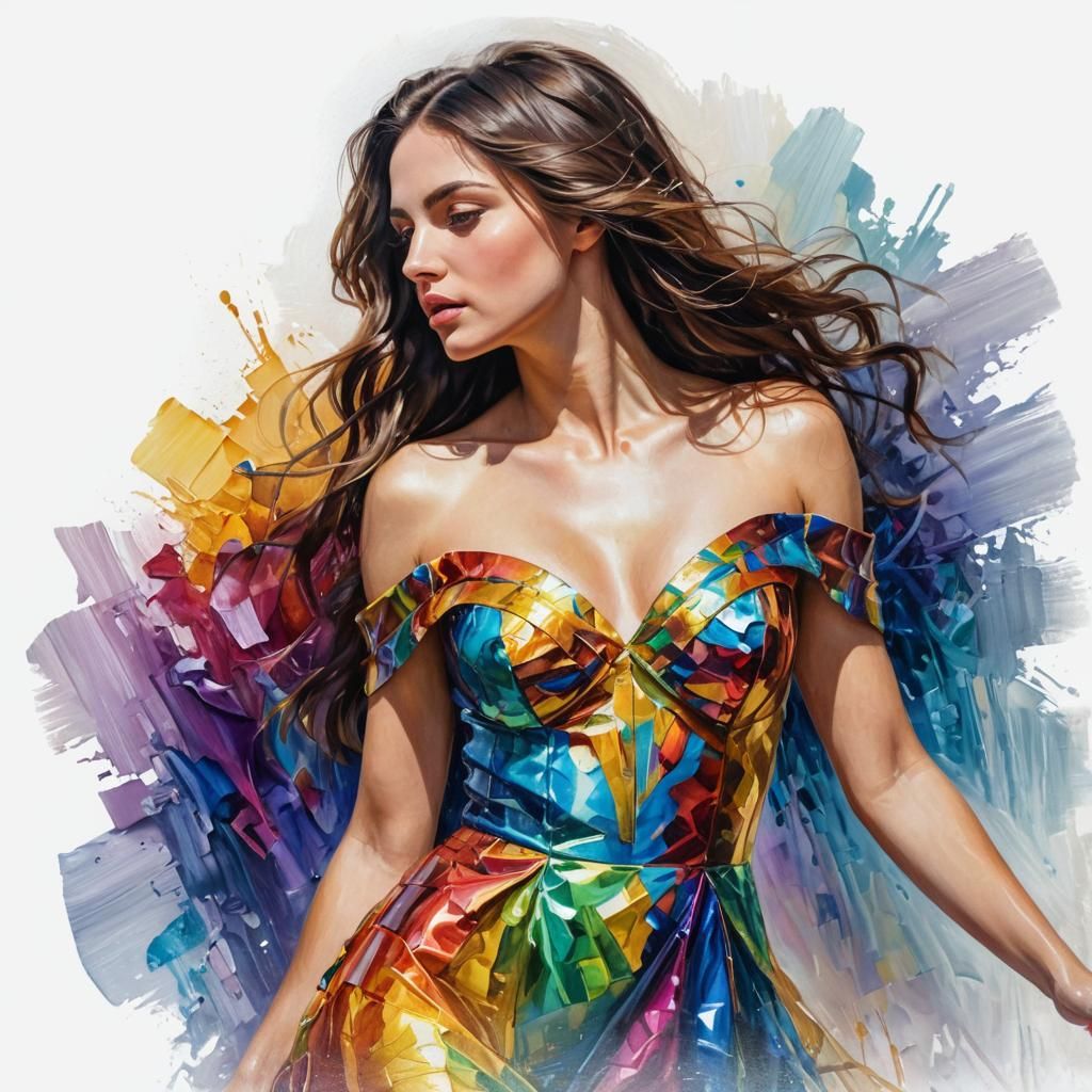 Brunette in Iridescent Dress: Vibrant Oil Painting