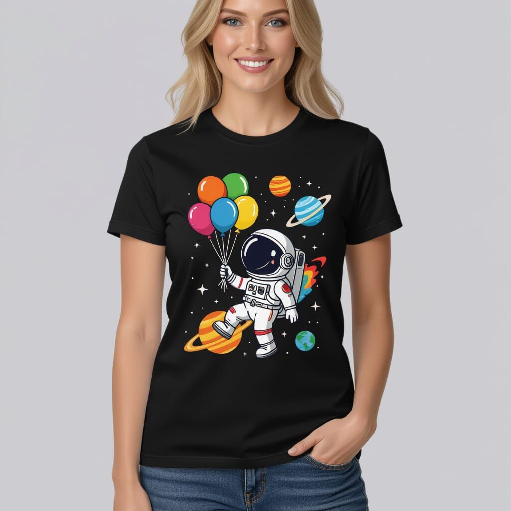 Woman in Black T-Shirt with Astronaut Holding Planet Balloon...