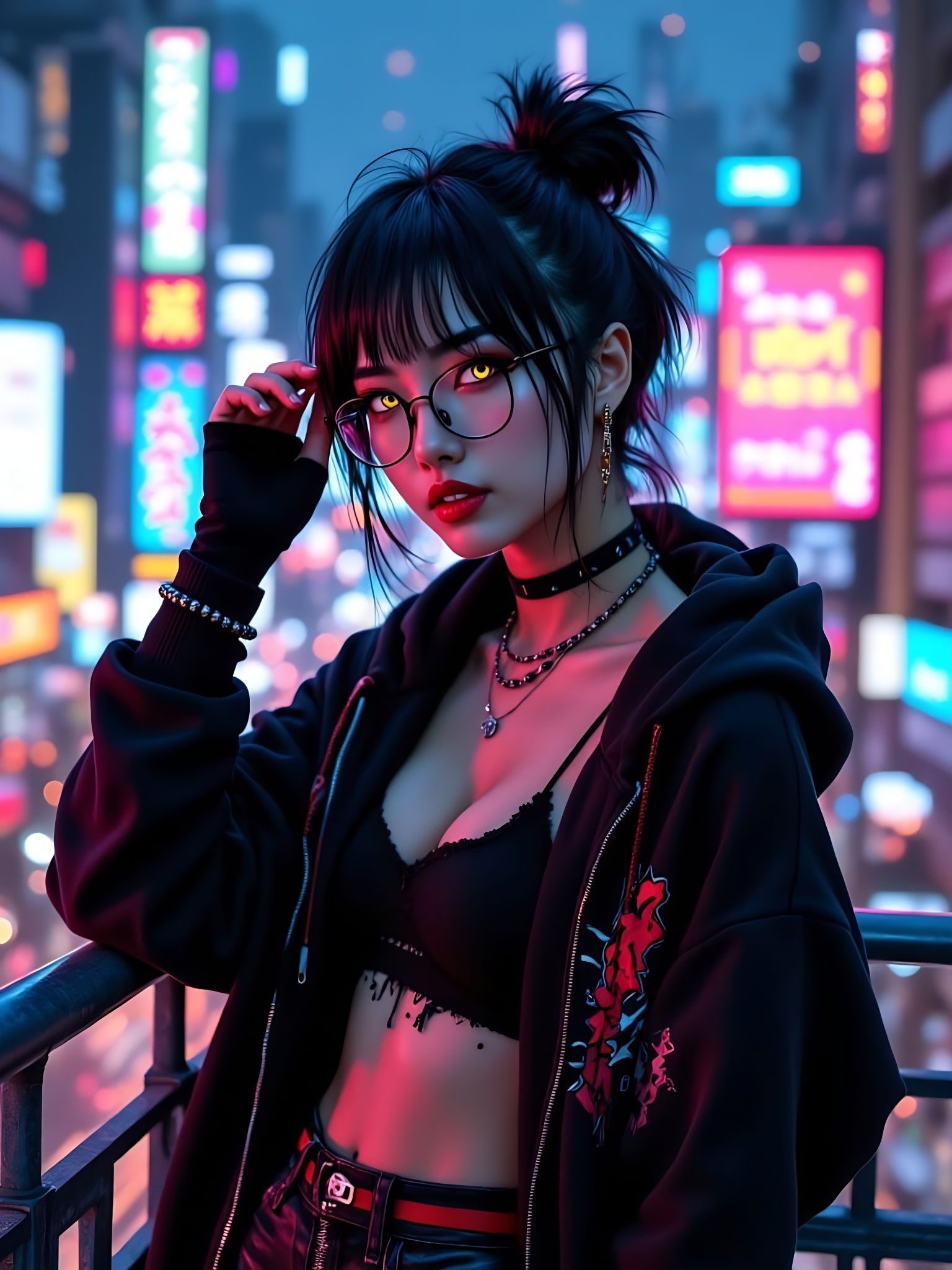 Glowing City Nightscape with Asian Woman in Neon-Lit Attire