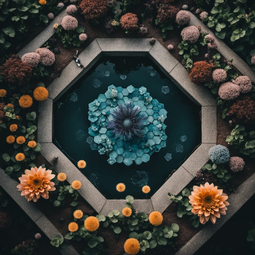 Aerial View of a Geometric Fountain and Withered Garden