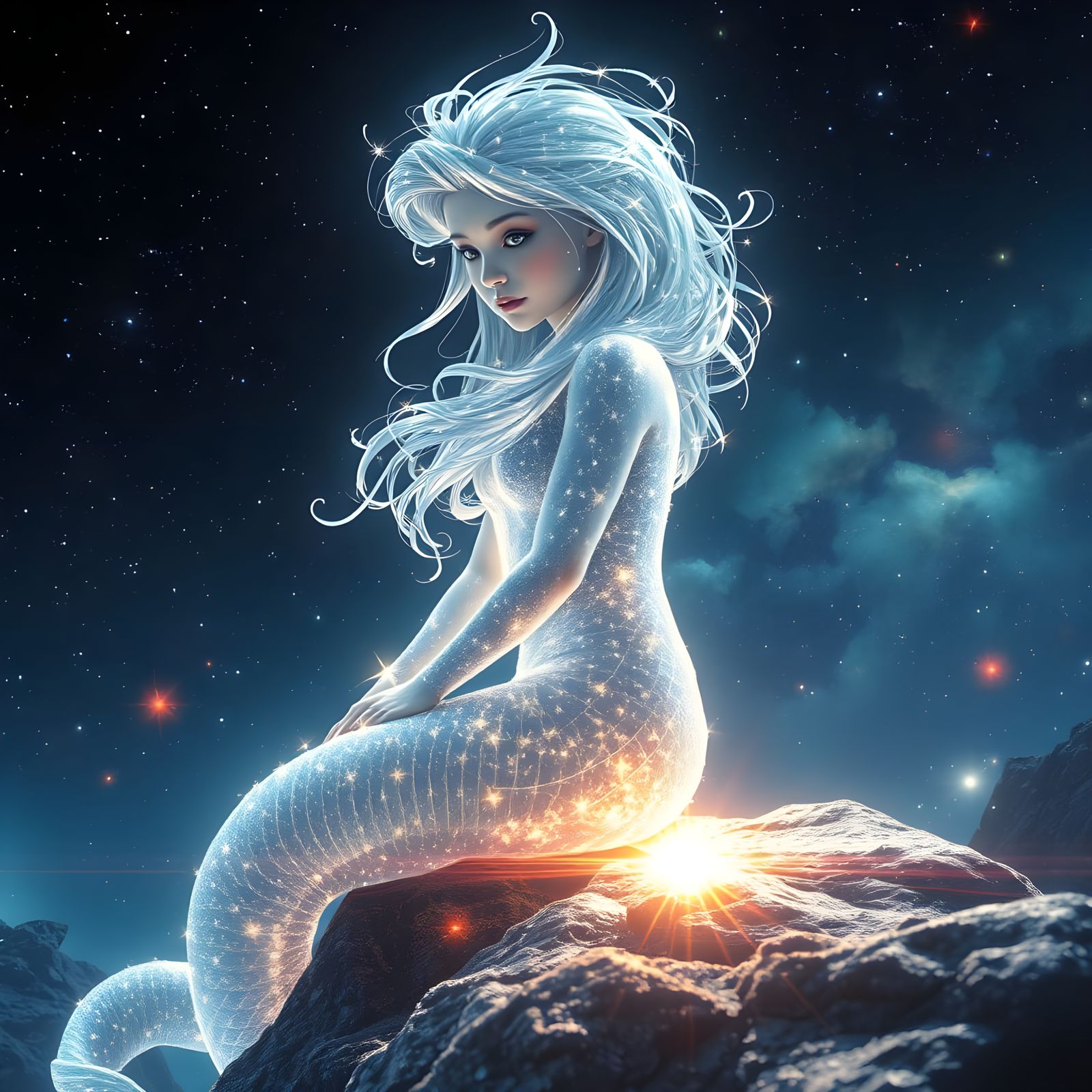 Glittering Mermaid Adorned in Starlight Illuminates the Cosm...