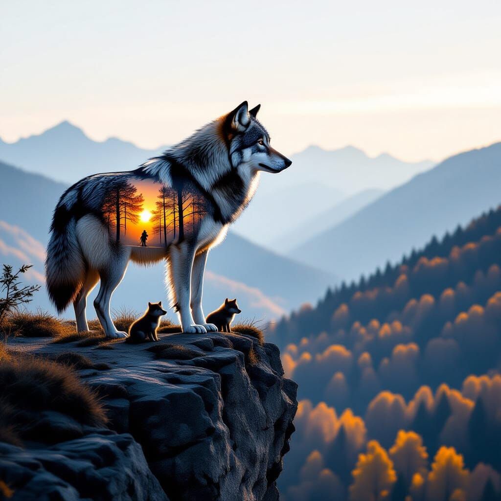 Wolf Silhouette Over Valley in Autumn Forest