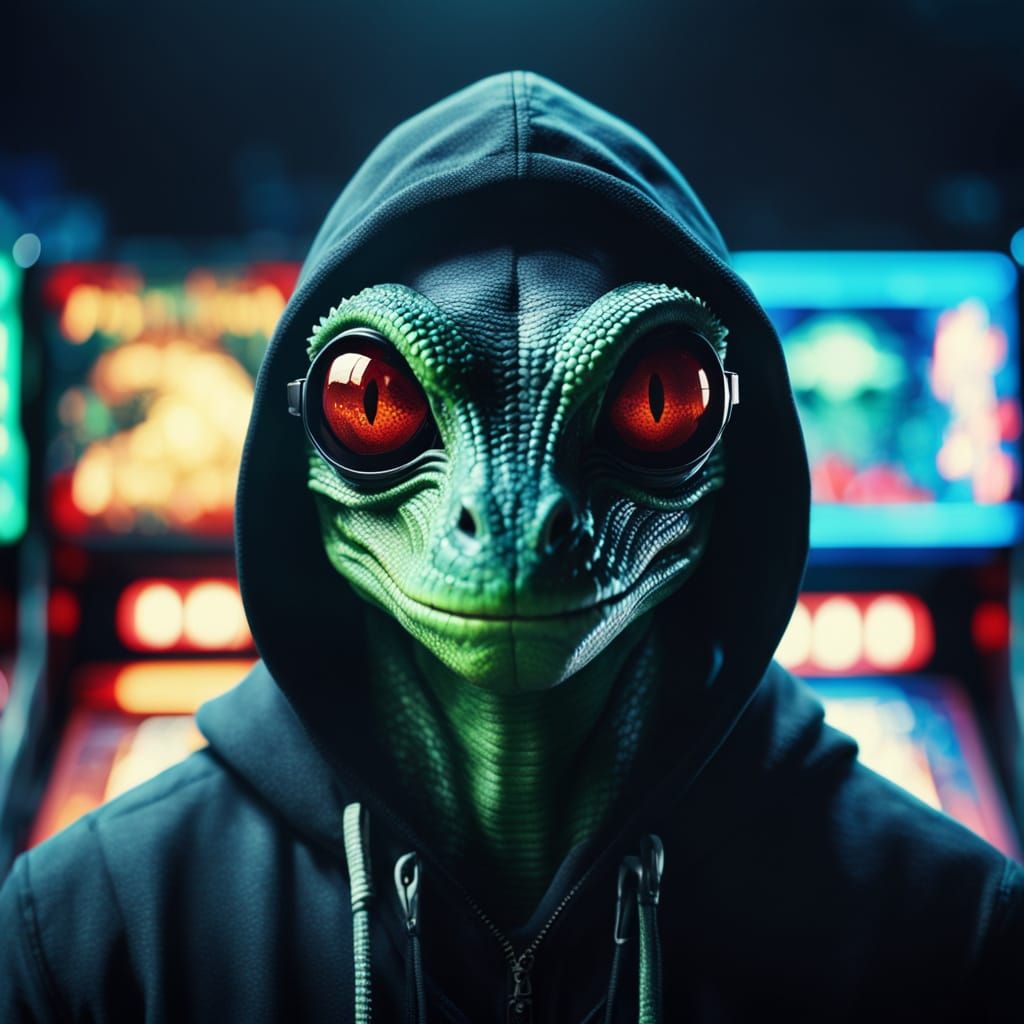 Lizard Alien at Arcade in Movie Still Style