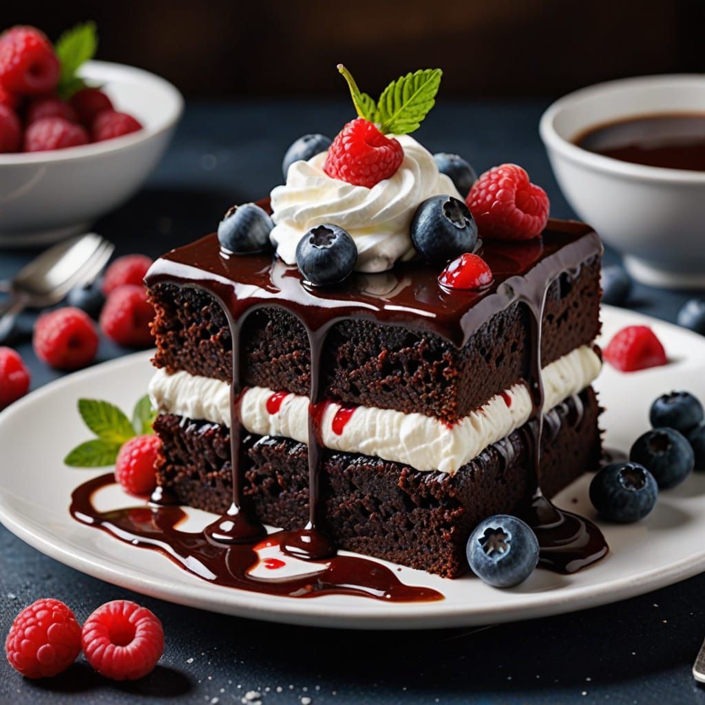 Decadent Chocolate Cake with Fresh Berries and Whipped Cream