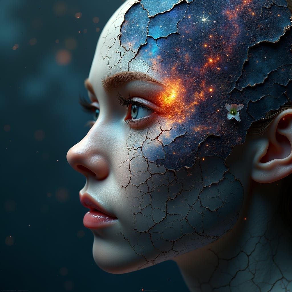 Cosmic Woman: A 3D Rendered Face with Galaxy Eyes