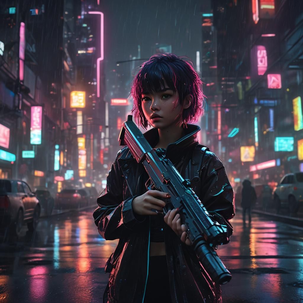 Neon Gun in Rain-Soaked Cyberpunk Cityscape