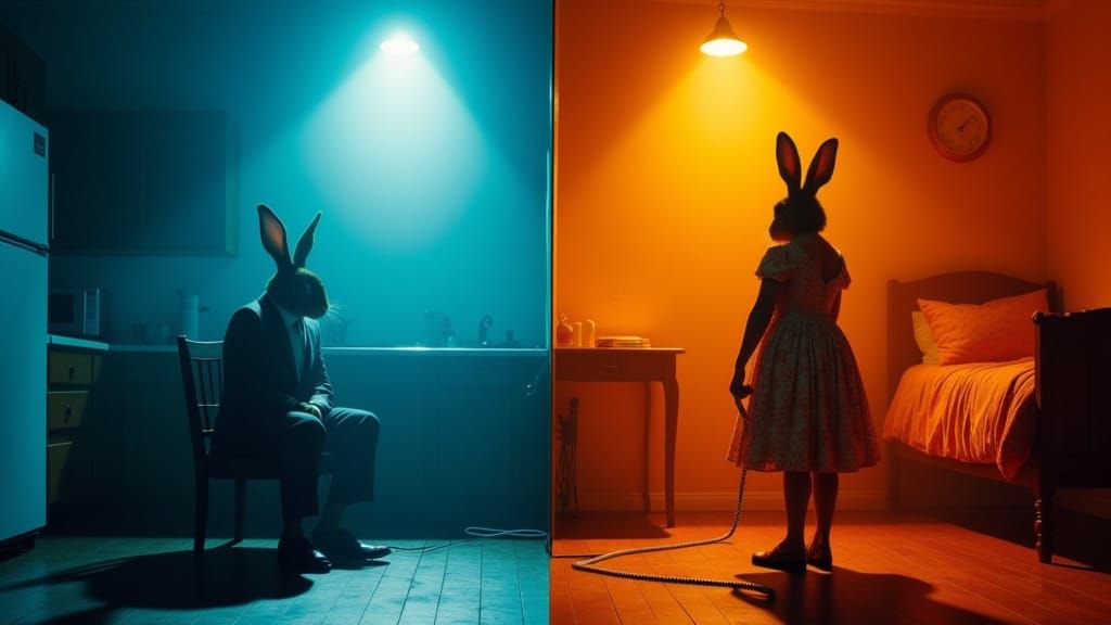 Surreal Split-Screen Portraits of Two Rabbits in Opposing Wo...