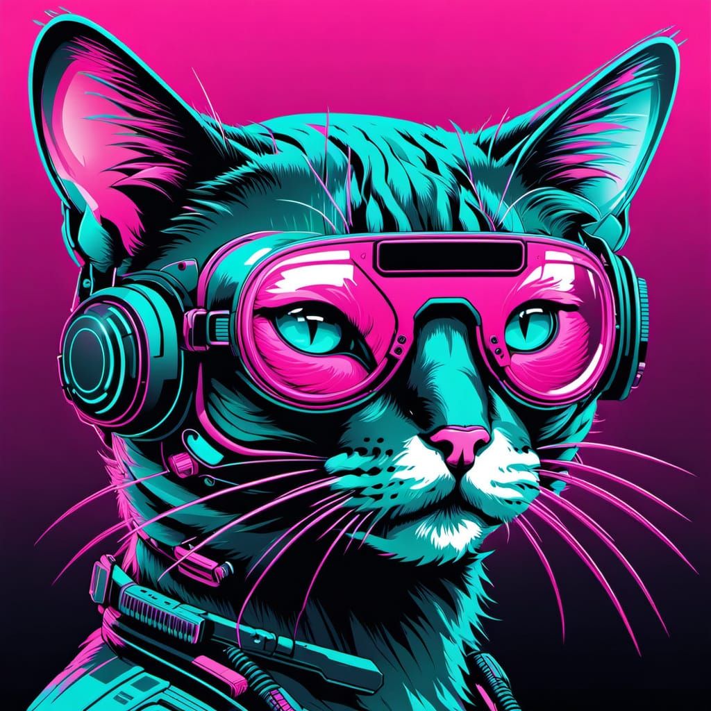 Cyberpunk Cat with VR Goggles in Vector Style